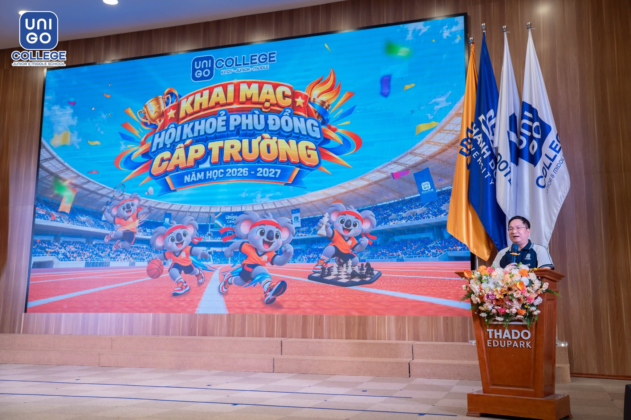 Thầy Nguyễn Văn Khoa - Phó hiệu trưởng thường trực nhà trường phát biểu khai mạc Hội khỏe Phù Đổng cấp trường năm học 2026-2027